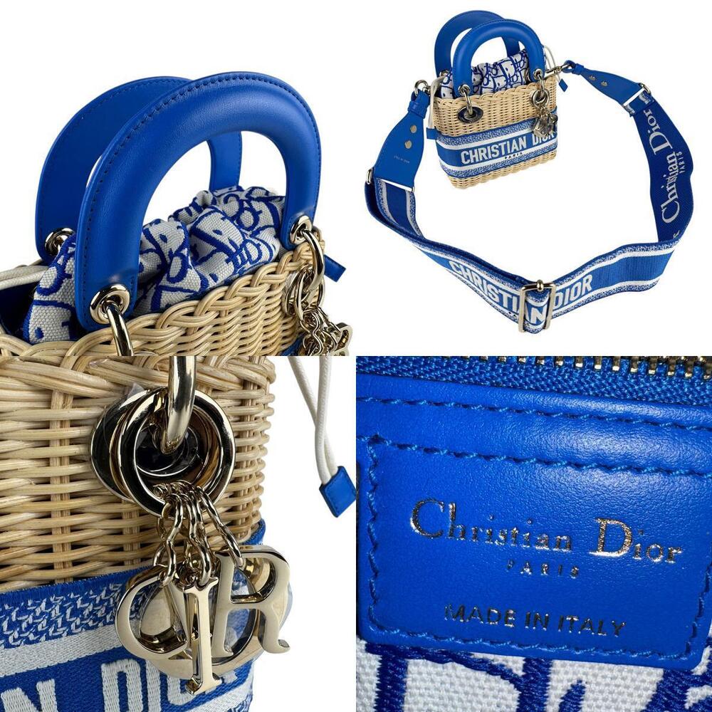 Christian Dior Lady Wicker 2way Shoulder Bag Canvas Leather Blue x - Picture 5 of 5